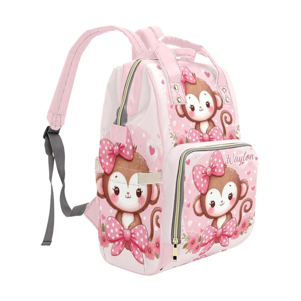 NZOOHY Pink Bow Monkey Personalized Diaper Bag Backpack Custom Name Nursing Baby Bag Mommy Bag for Mom Travel Daypack