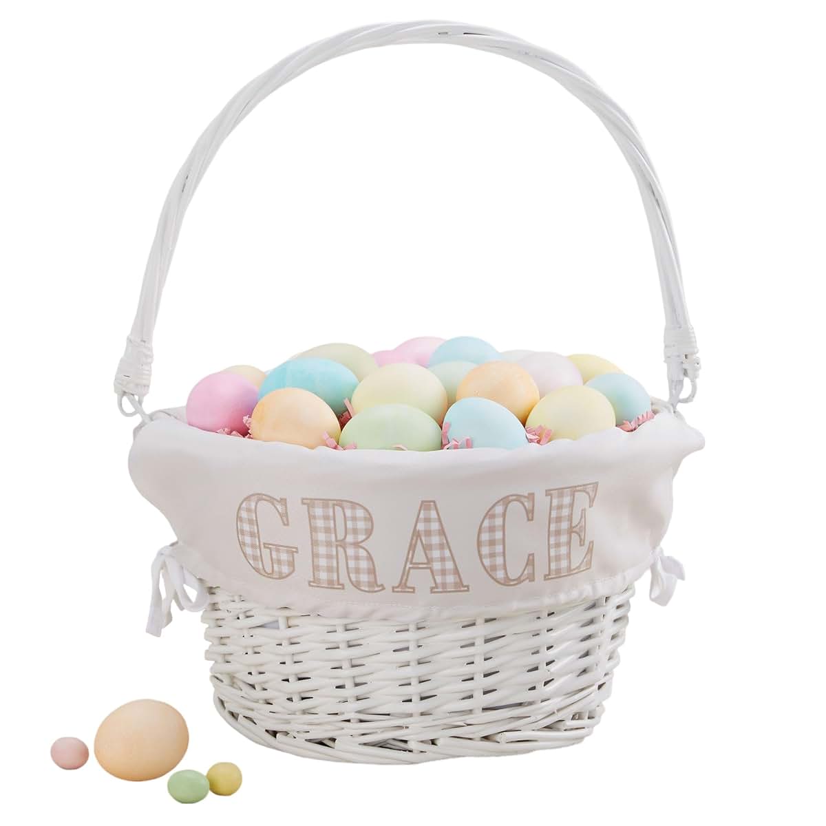 Personalization Universe Personalized Gingham Name Easter Basket – Custom Hand-Woven White Basket – Embroidered Easter