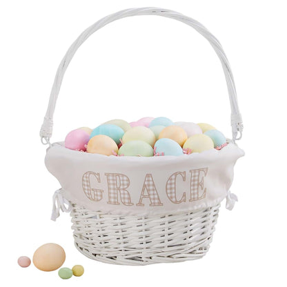 Personalization Universe Personalized Gingham Name Easter Basket – Custom Hand-Woven White Basket – Embroidered Easter
