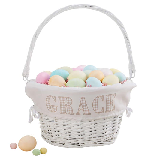 Personalization Universe Personalized Gingham Name Easter Basket – Custom Hand-Woven White Basket – Embroidered Easter