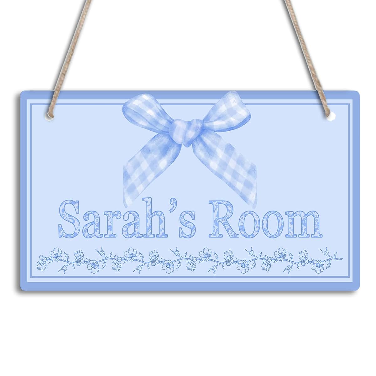Duhuashu Personalized Blue Plaid Bow Kids Room Door Sign