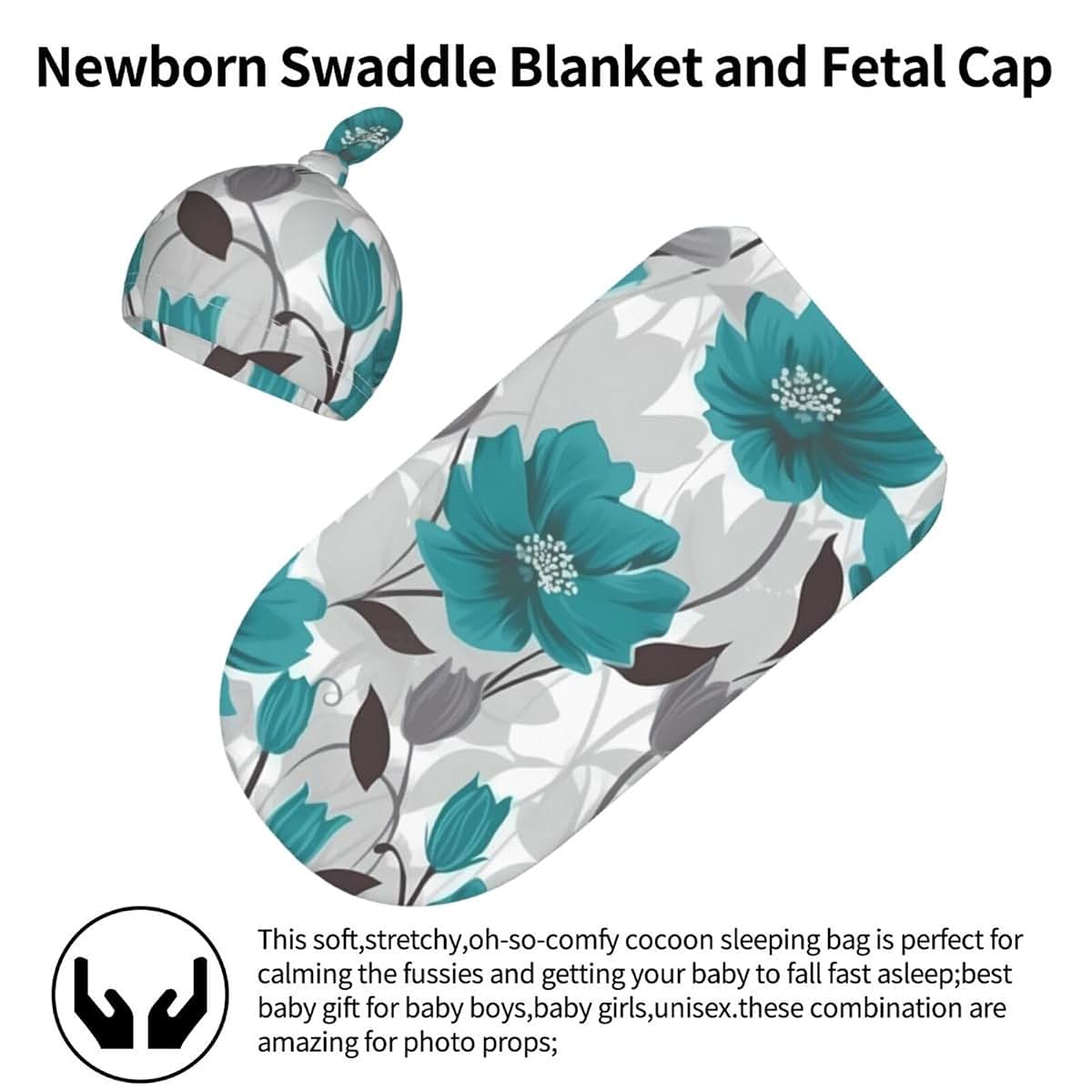 KKLWEGU Newborn Swaddle Blanket with Beanie Hat Set, Soft Sleep Sack Teal Grey and White Floral Newborn Receiving (photo 3)