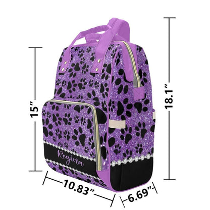 NZOOHY Dog Paw Purple Glitter Print Personalized Diaper Bag Backpack,Custom Name Diaper Backpack Baby Nappy Bag Mommy