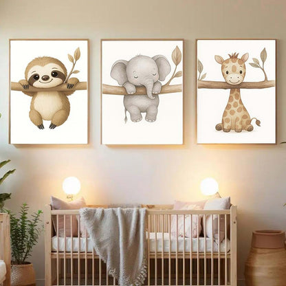 BeiYiHo 3 Beige Baby Room Poster Baby Animals Lazy Elephant Giraffe Poster Child 30 40 Canvas Deco Baby Room Poster