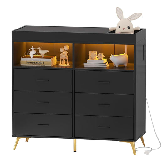Babevy Changing Table Dresser with Drawers, Baby Dresser with Changing Table Top, Power Outlet, LED Light & Metal Feet