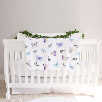 Lovable Gift Co Butterflies Personalized Baby Receiving Swaddle Blanket Purple (photo 2)