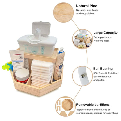ECOADE Wooden Diaper Caddy Organizer - 360 Degrees Rotating Caddy with Removable Dividers, Nursery Diaper Organizer (photo 2)