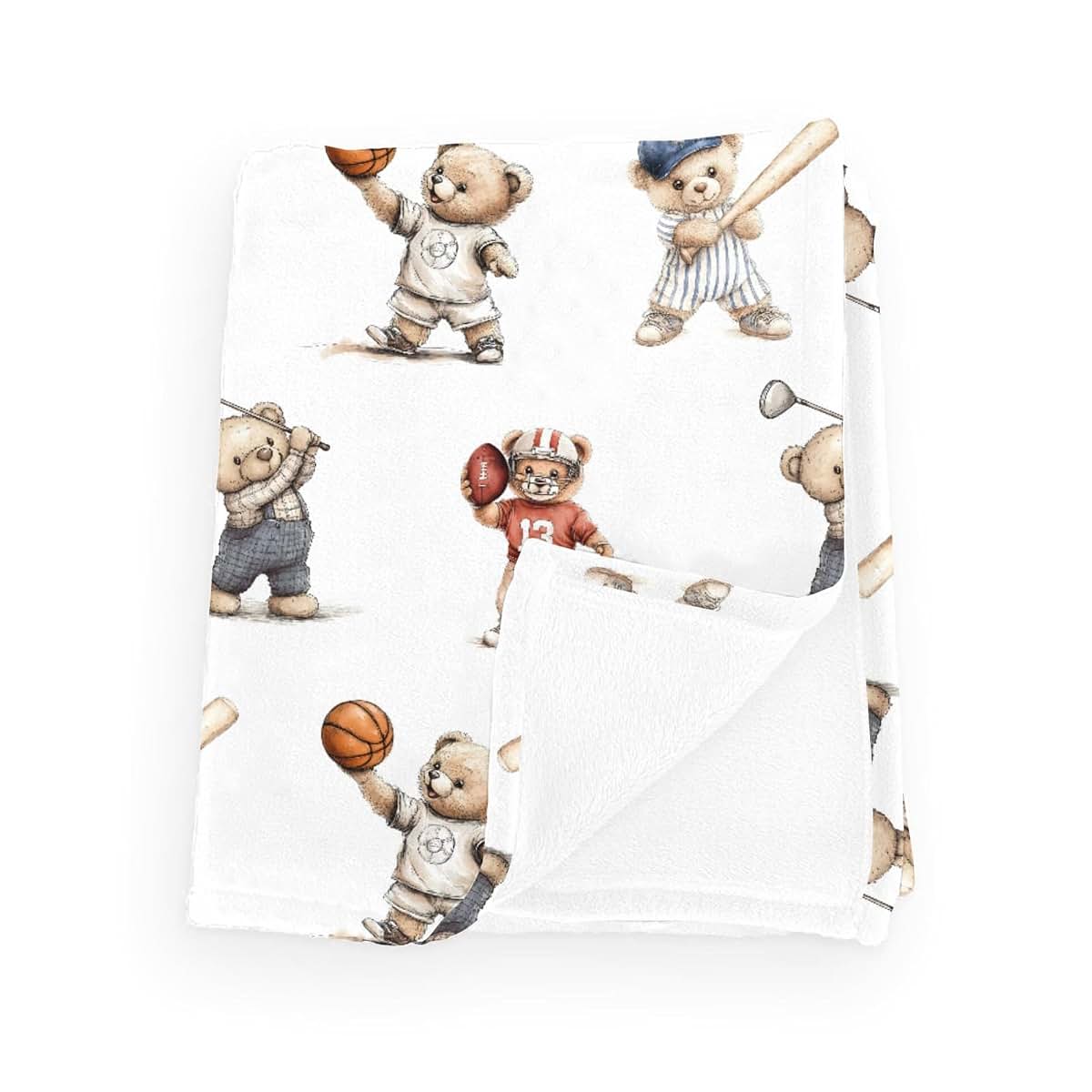 Wicbfdfv Cute Sport Bears Golf Baseball Basketball Baby Boy Girl Blankets Sports Lover Gift White Flannel Fluffy