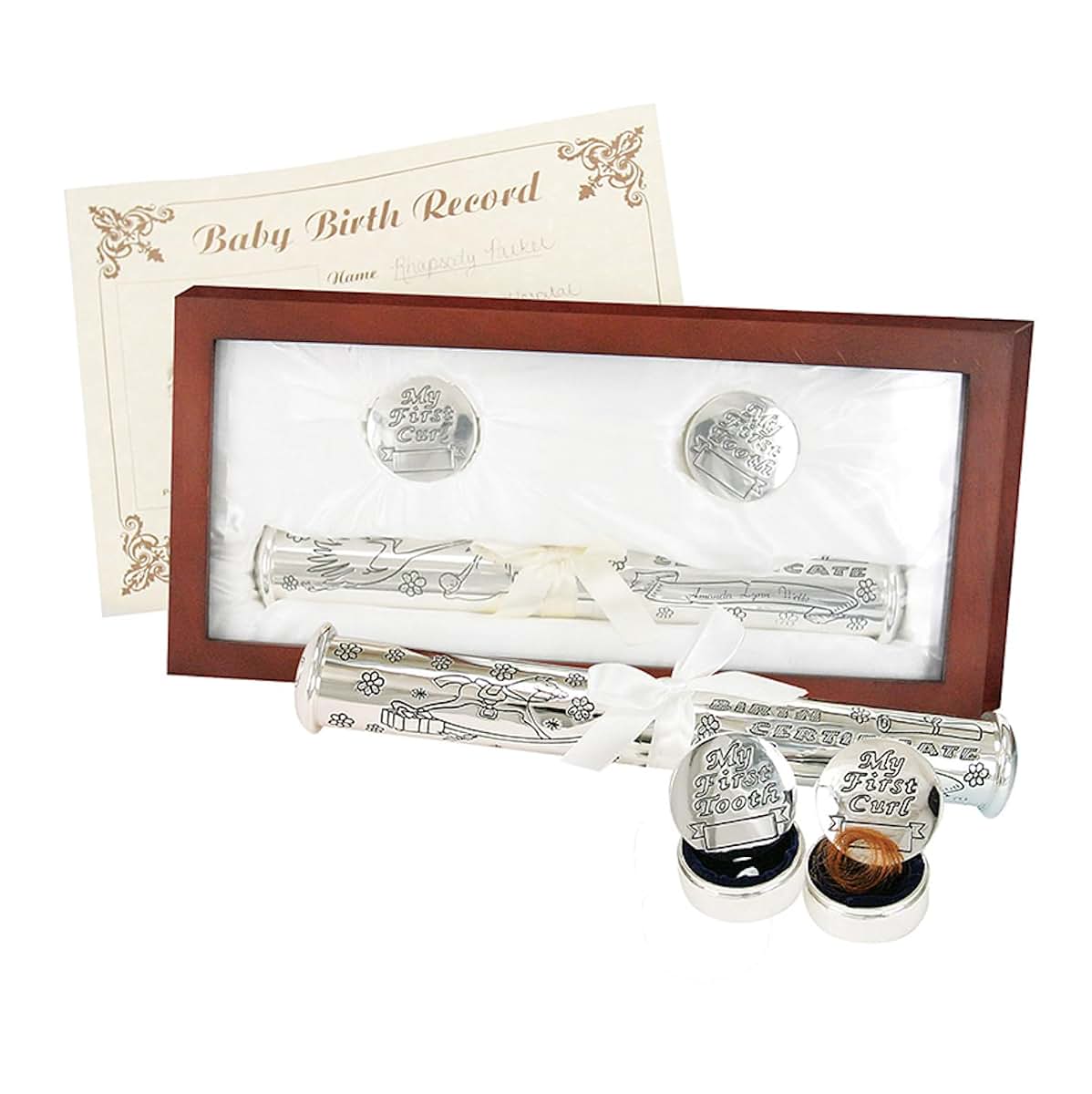 Stephan Baby Satin-Lined Rosewood Keepsake Box with Silver Plated Birth Certificate Holder, First Tooth and First Curl