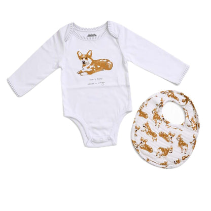 MUD PIE Baby Corgi Bodysuit and Bib Set, Cotton, 0-6 Months