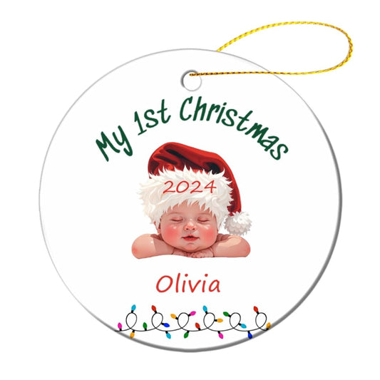 Bdbacxas Personalized Baby First Christmas Ornament,Custom Baby's 1st Christmas Tree Decor Round Ceramic Ornament for