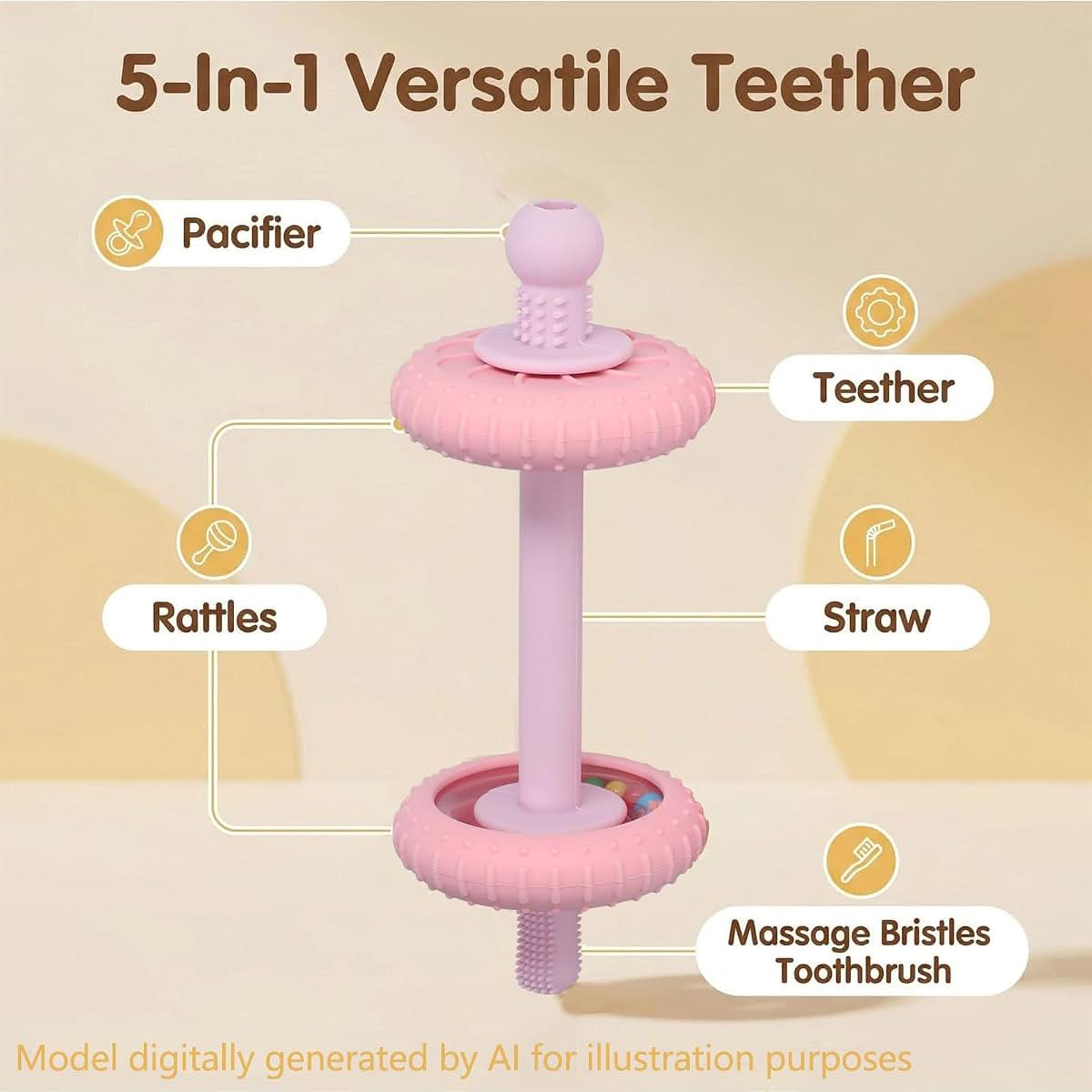 Multi-Functional Silicone Teether Toy for Babies - Rattle, Straw, and Toothbrush Head