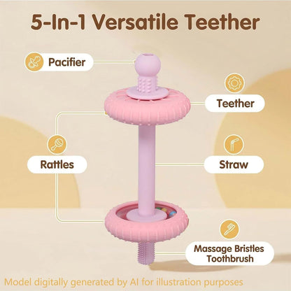 Multi-Functional Silicone Teether Toy for Babies - Rattle, Straw, and Toothbrush Head