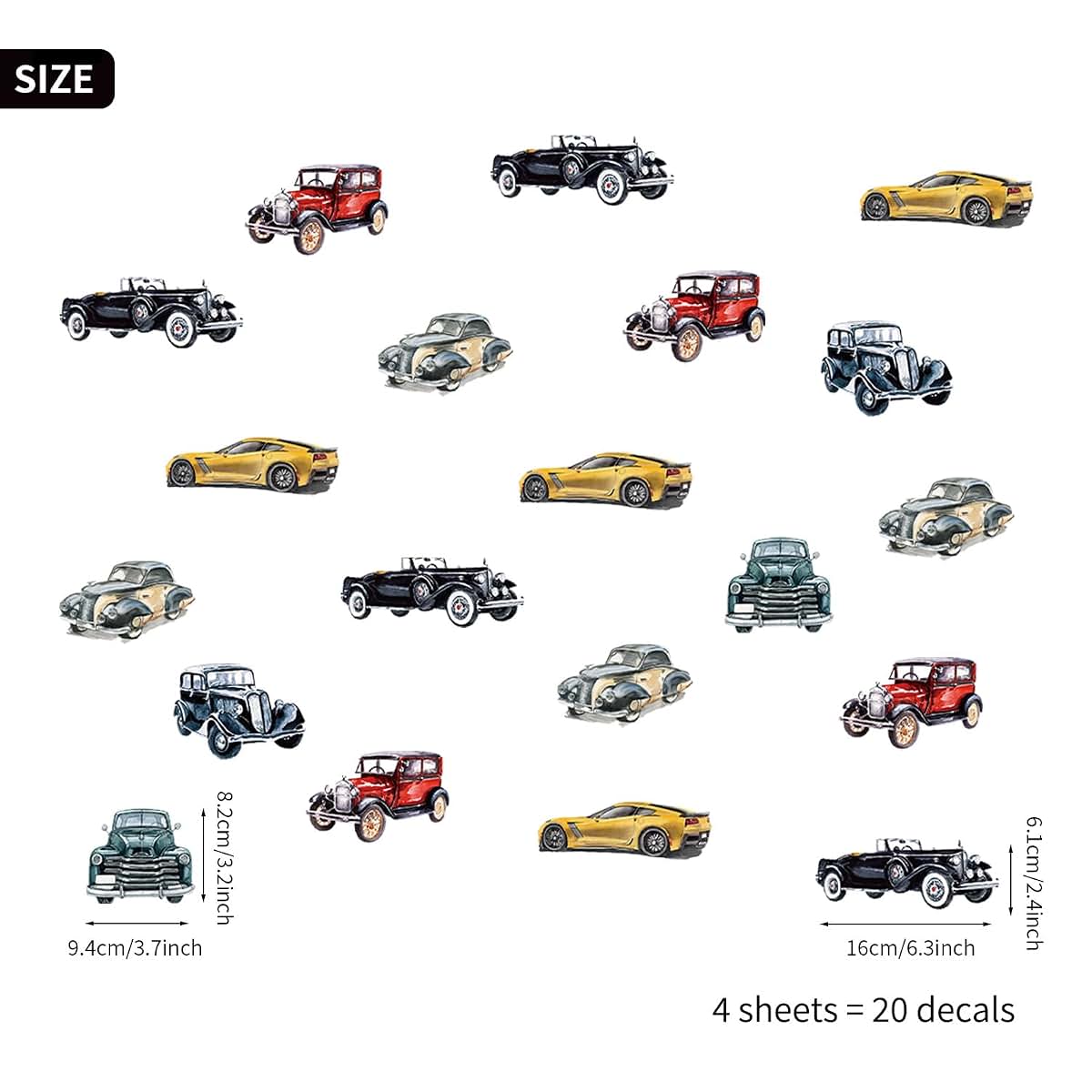 Astrkiz 20 Pcs Retro Cars Wall Decals Peel and Stick Watercolor Multicolor Boys Room