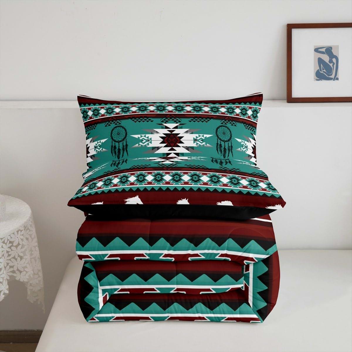 Feelyou Boho Toddler Comforter Set Southwestern Aztec Design Wine Red Teal Microfiber