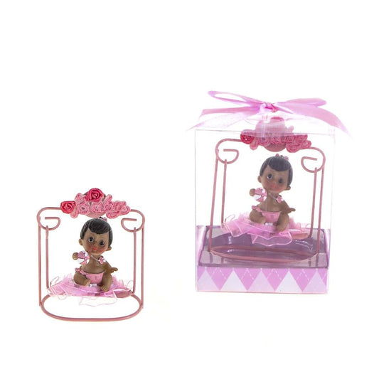 Lunaura Baby Keepsake - Black Ethnic Baby Sitting on Swing Favors - Pink, Set of 12
