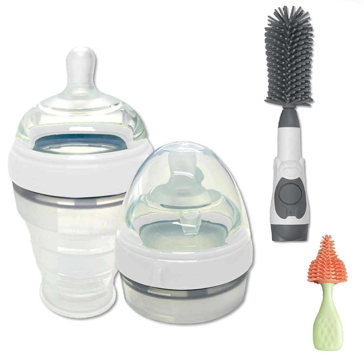 Collapsible Baby Bottle Set with Soap Dispensing Brush Kit for Travel Cleaning