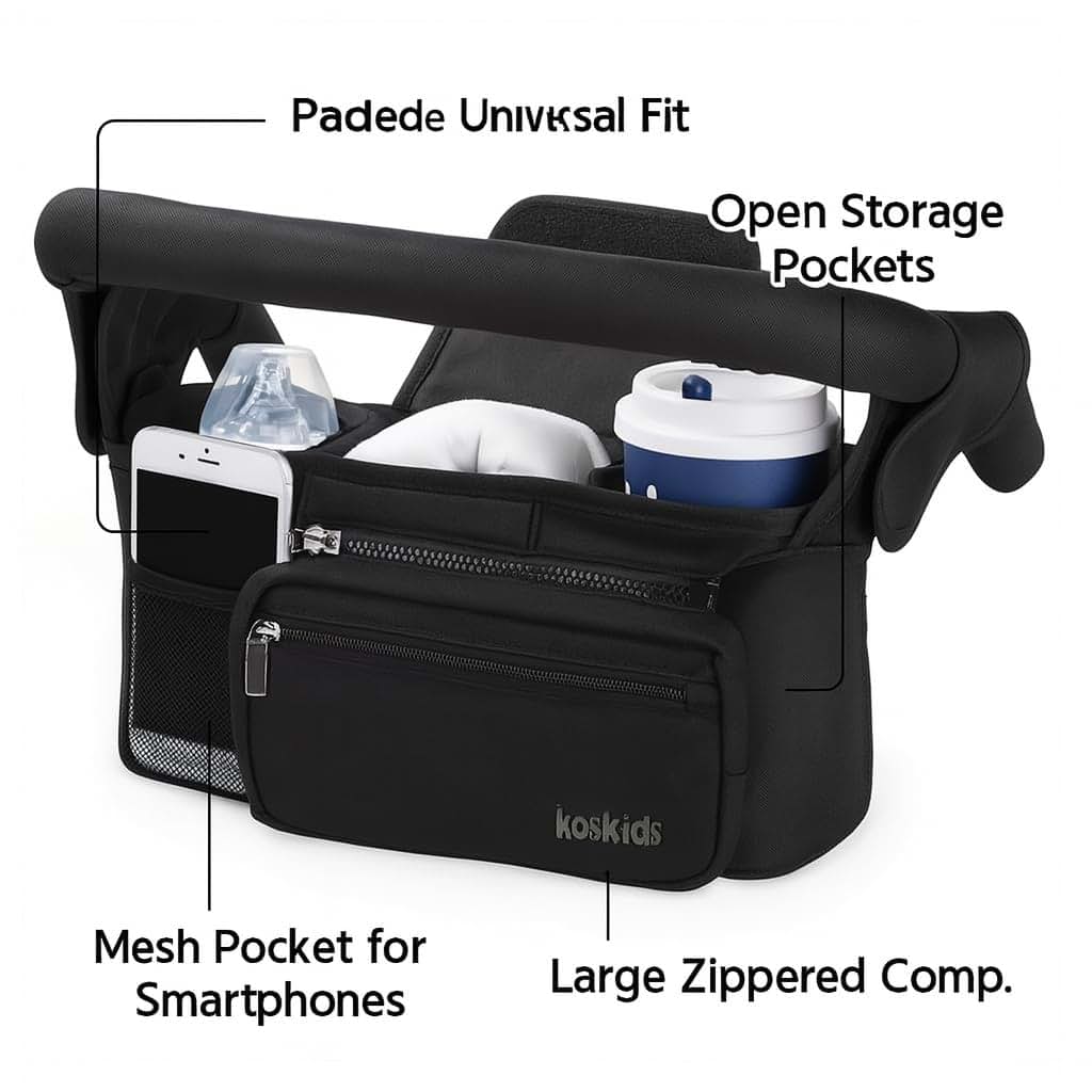 Koskids Universal Stroller Organizer with Insulated Cup Holder, Black