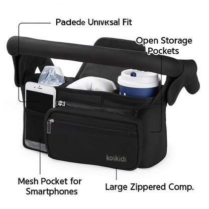 Koskids Universal Stroller Organizer with Insulated Cup Holder, Black