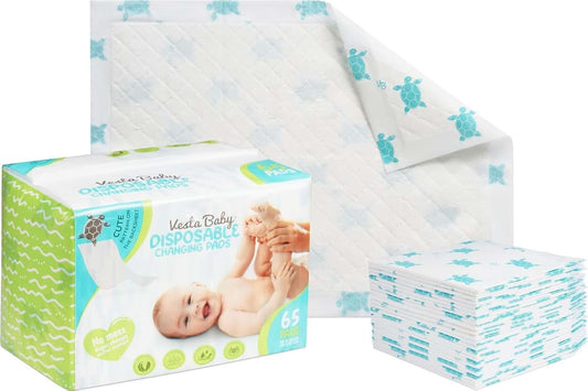 Vesta Baby 65 Disposable Changing Pads - Soft Absorbent Leak Proof Pee Mats - White Portable Diaper Change Underpads