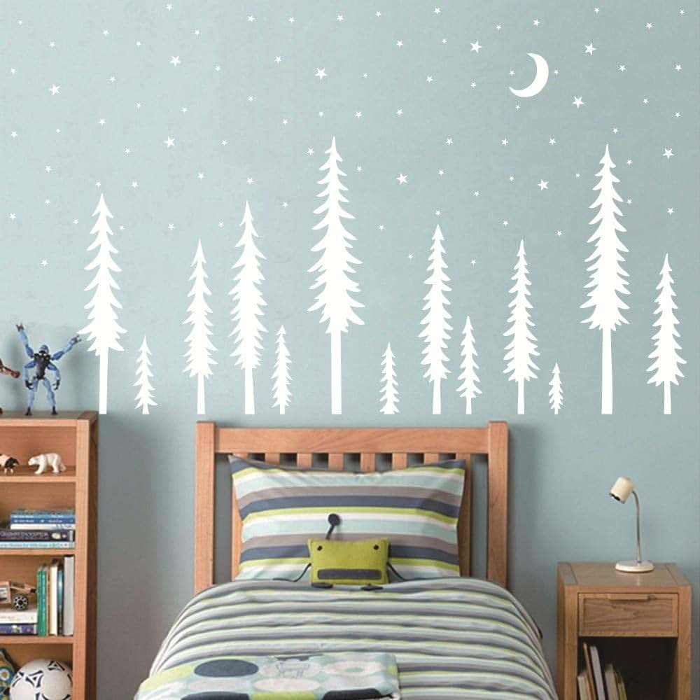 YOYOYU ART HOME DECOR Forest Pine Tree Moon Star Kids Nursery Wall Decal AM12 White
