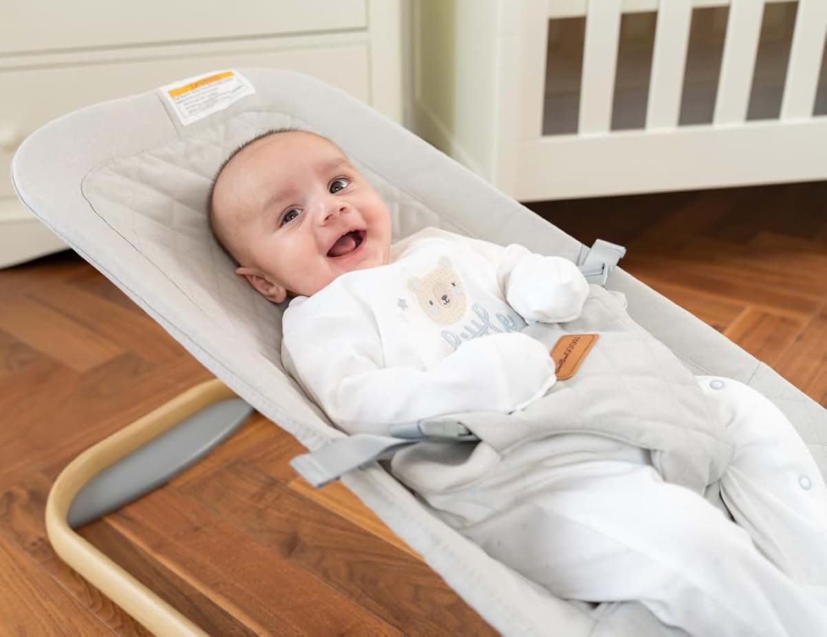 BaeBae Goods Baby Bouncer Seat, Breathable Fabric, Light Grey