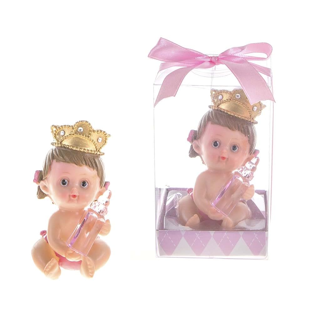 Lunaura Baby Keepsake - Set of 12 Girl Baby Wearing Crown Holding Baby Bottle Favors - Pink