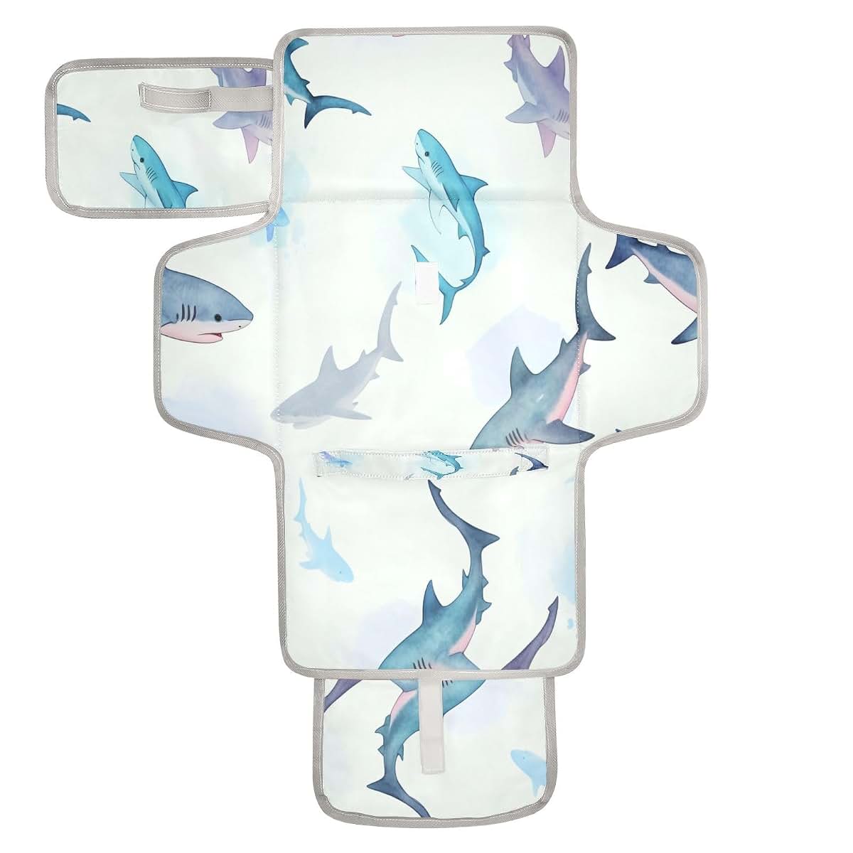 Nesatuwa Portable Baby Changing Pad with Built-in Pillow, Watercolor Sharks, Waterproof Foldable