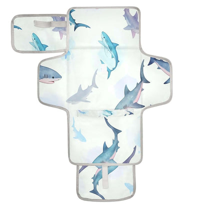 Nesatuwa Portable Baby Changing Pad with Built-in Pillow, Watercolor Sharks, Waterproof Foldable