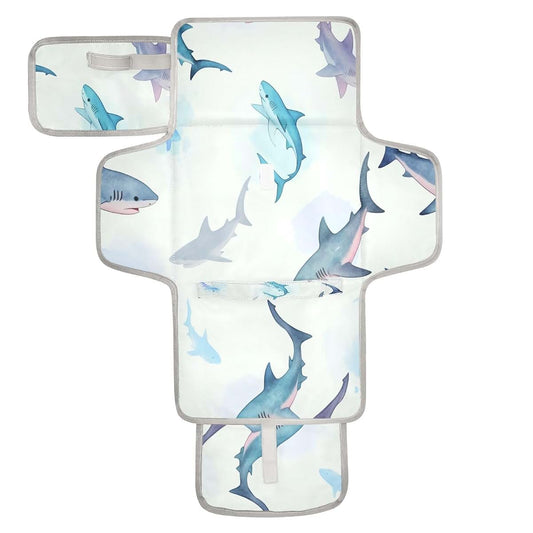 Nesatuwa Portable Baby Changing Pad with Built-in Pillow, Watercolor Sharks, Waterproof Foldable