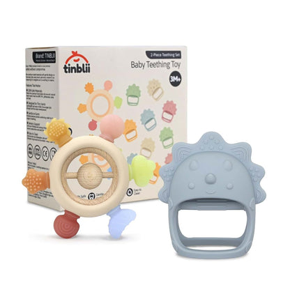 TINBLII Baby Teething Toys 2 Pack, Dinosaur Mitten Teether and Ring Sun Teether with 6 Chewing Points, Silicone Chew