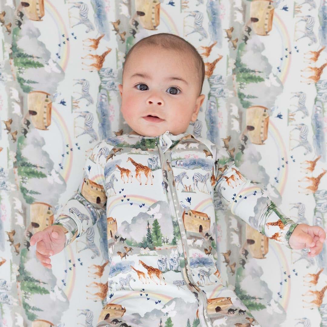Tiny Revival Noah’s Ark Crib Sheet in Blue Bamboo Lyocell (photo 3)