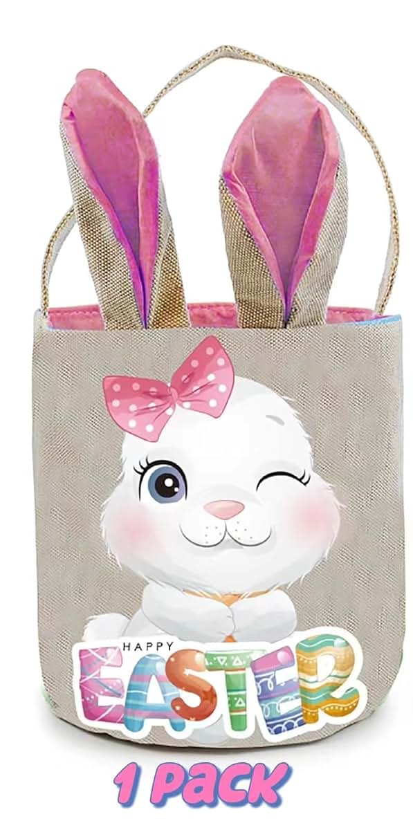 PADELO 1 Pack Easter Basket with Handle, Canvas Easters Egg Hunt Bunny Baskets for Kids, Happy Easter Tote Bucket with (photo 4)