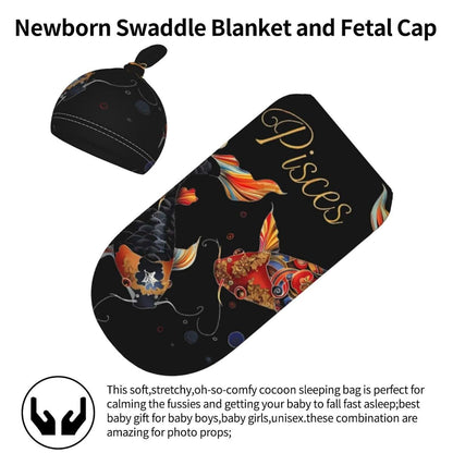 Pisces Zodiac Sign Baby Swaddle Blanket with Beanie Set, Soft Print Swaddle Sack for 0-6 Months Unisex