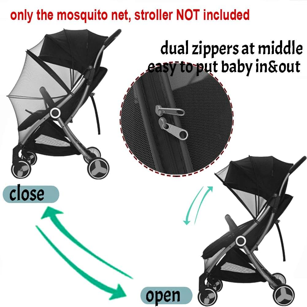 BabyOneStop Universal Stroller Mosquito Net with Dual Zipper and PE Support, Black, 110cm