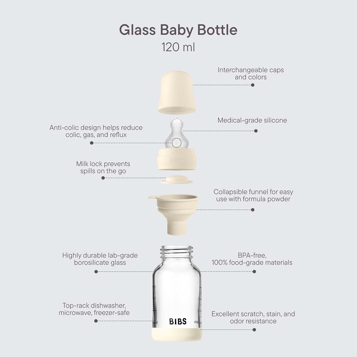 BIBS Glass Baby Bottle, 120 ml, with Silicone Nipple
