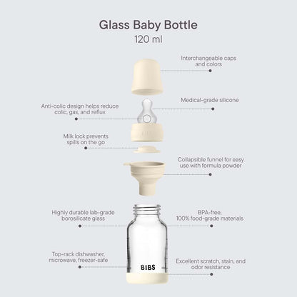 BIBS Glass Baby Bottle, 120 ml, with Silicone Nipple