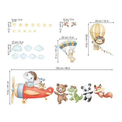wondever Airplane Animals Wall Decals Hot Air Balloon Bear Wall Stickers