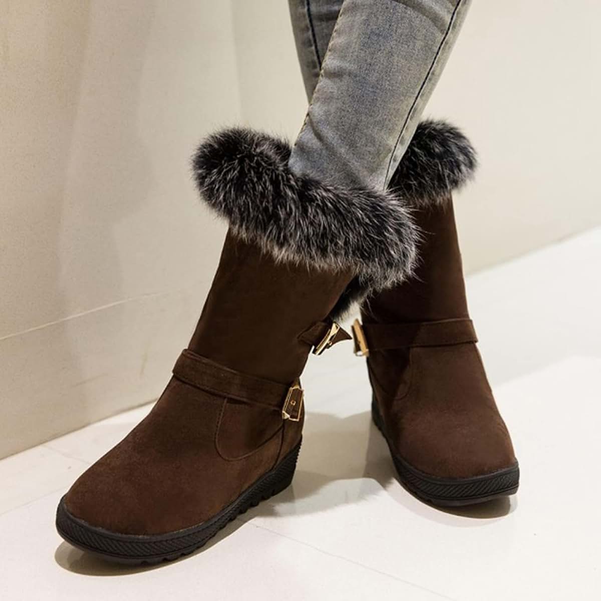 ZBYY Women's Winter Fur Snow Boots Mid Wide Calf Buckle Platform Slip On Warm Snow Boot Mid-Calf Fashion Booties