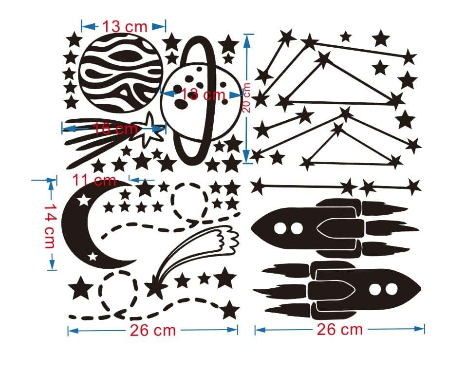 Outer Space Rocket Wall Decals for Kids, Removable Vinyl Stickers with Planets, Moon, Stars, Black