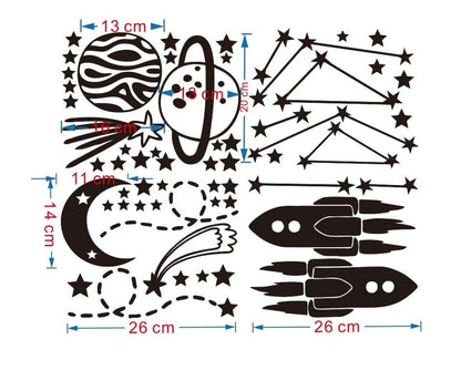 Outer Space Rocket Wall Decals for Kids, Removable Vinyl Stickers with Planets, Moon, Stars, Black