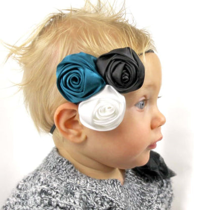 My Lello Satin Fabric Rose Flower Trio on Skinny Headband