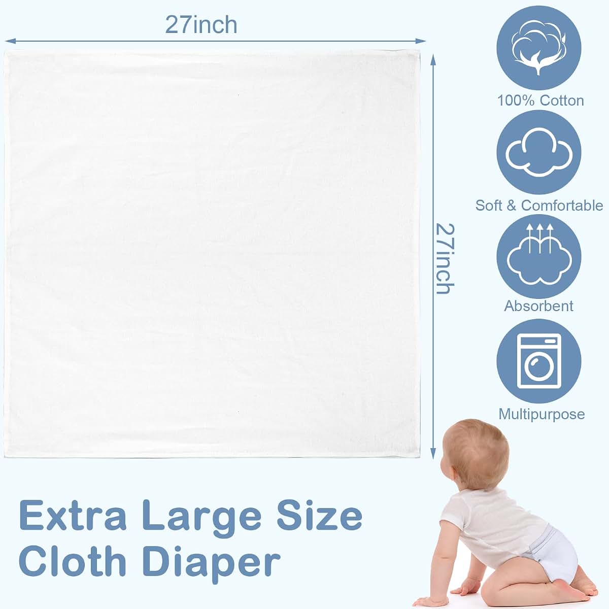 Cloth Diapers & Burp Cloths Set | 50 Count Reusable Cotton Birdseye