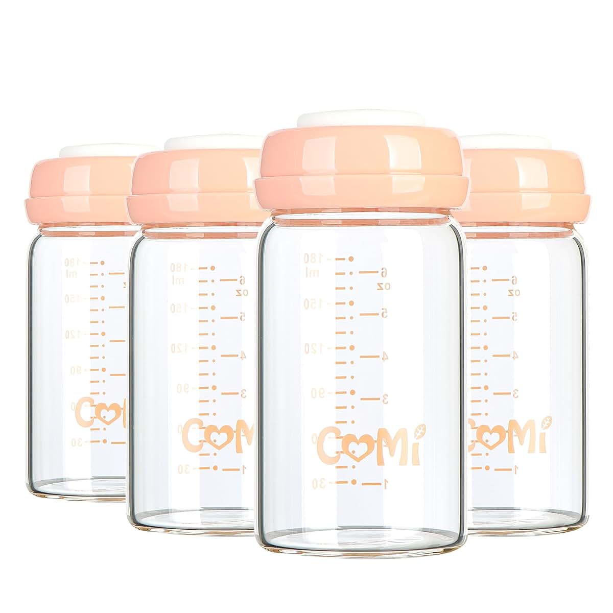 COMI Wide Neck Glass Breastmilk Collection n Storage Bottle, 4 Packs, 6oz with Screw Ring Sealing Disk; Re-markable