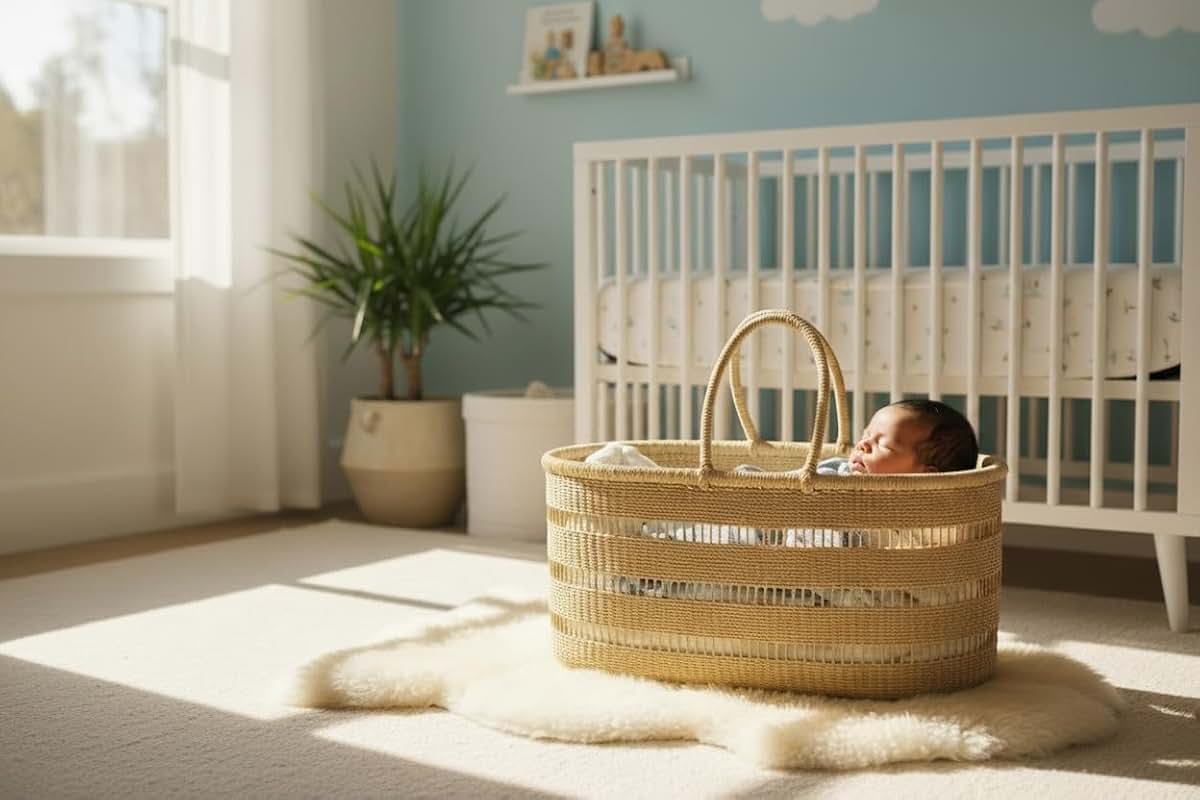 The African Home Goods Large Organic Baby Moses Bassinet Handmade Toddler Bed with Brown Handles - Vegan (No Leather (photo 3)