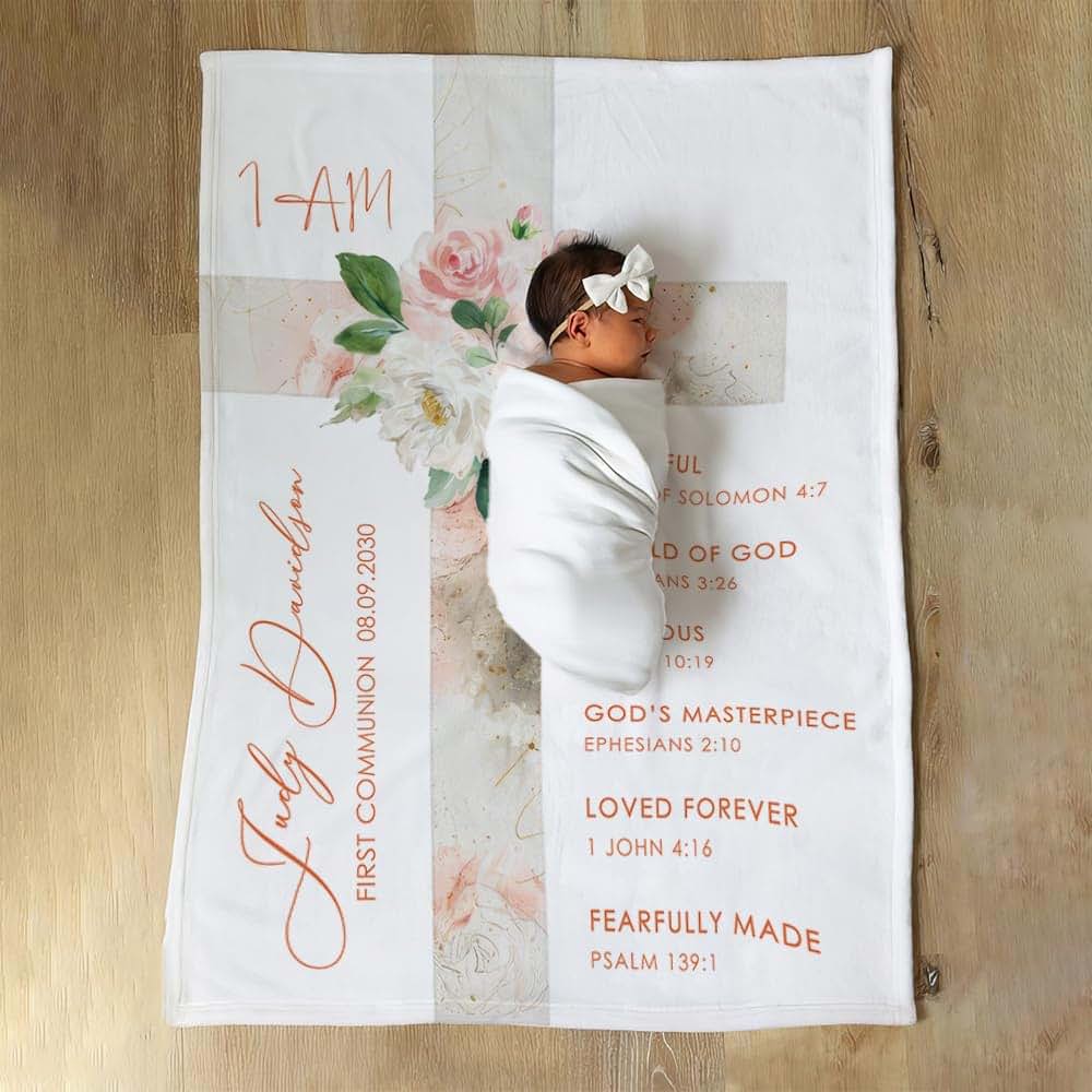 L&NG Baptismal Gift Blanket 40X50, Floral Cross Communion Present, Personalized Infant Quilt, Custom Keepsake Comforter (photo 2)