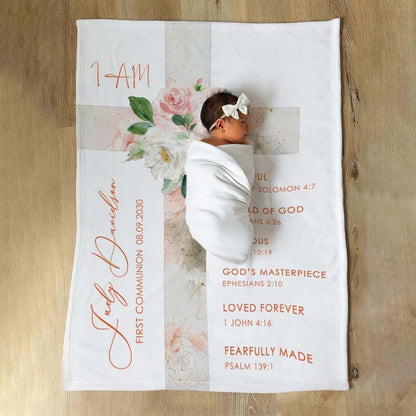 L&NG Baptismal Gift Blanket 40X50, Floral Cross Communion Present, Personalized Infant Quilt, Custom Keepsake Comforter (photo 2)