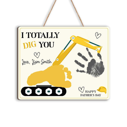 BEETHIS Custom DIY Baby Footprint Excavator Craft for Kids Plaque Gift for Construction Dad, Baby's First Father Day