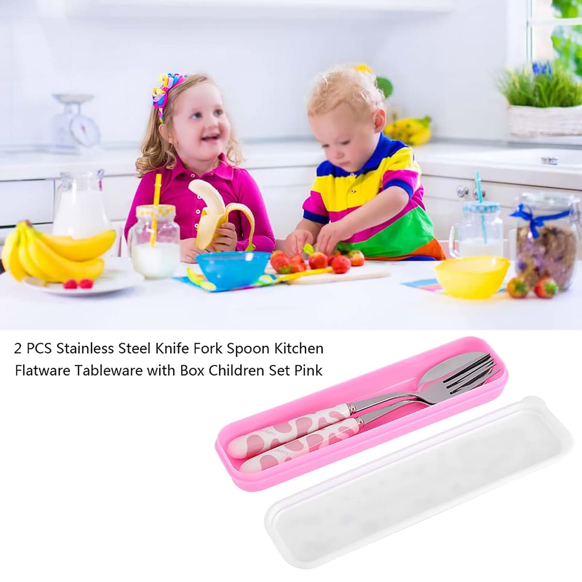 BabyOneStop Children Stainless Steel Fork and Spoon Set with Storage Box in Pink