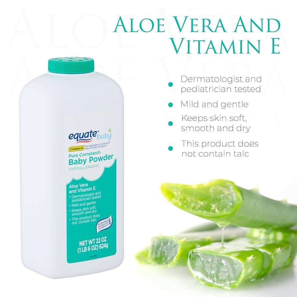 Equate Baby Pure Cornstarch Baby Powder with Aloe & Vitamin E, 22 oz, Pack of 4